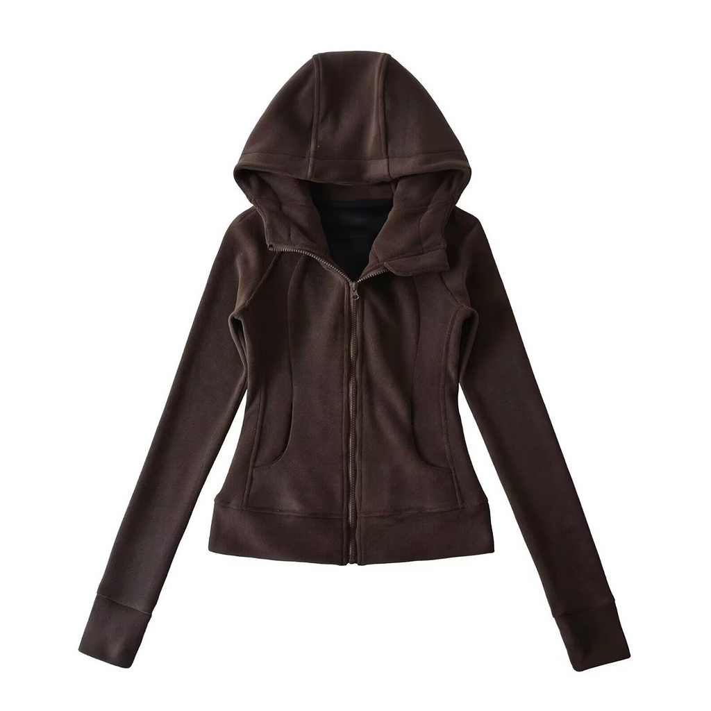 SOFT GIRL ERA ZIP UP HOODIE  - DARK BROWN