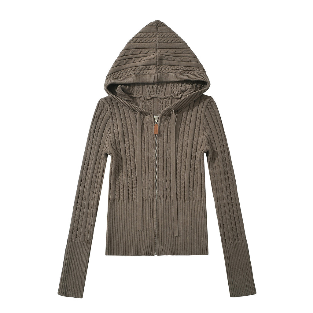 BELLA KNIT ZIP UP HOODIE - BROWN