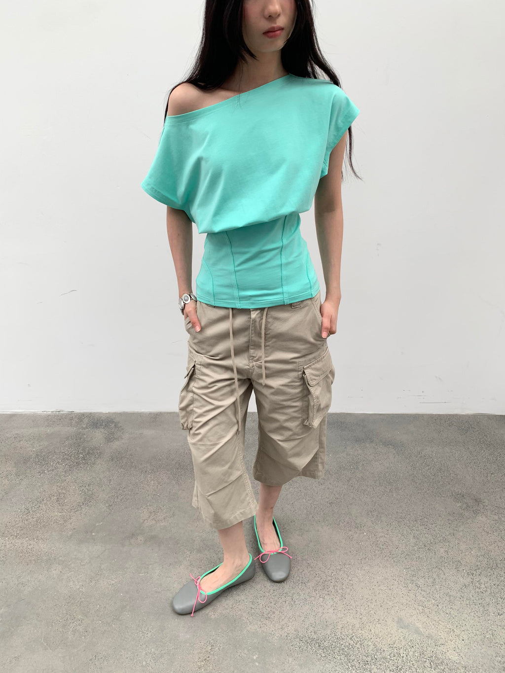 【DKZ】 HERRINGBONE OFF SHOULDER TOP - GRAY / MINT GREEN