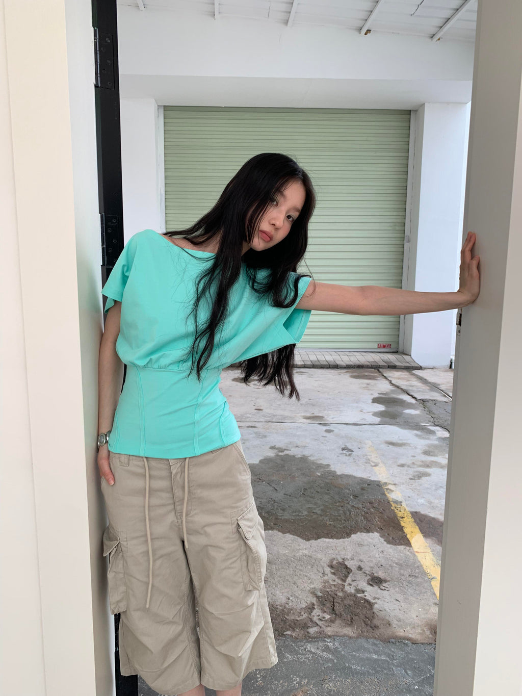 【DKZ】 HERRINGBONE OFF SHOULDER TOP - GRAY / MINT GREEN