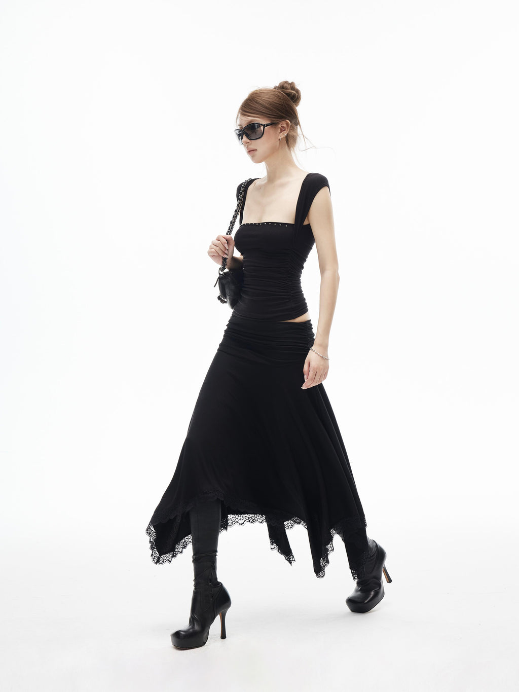 【IAMXIAA】 MODAL LOW RISE LACE TRIM MIDI SKIRT - BLACK
