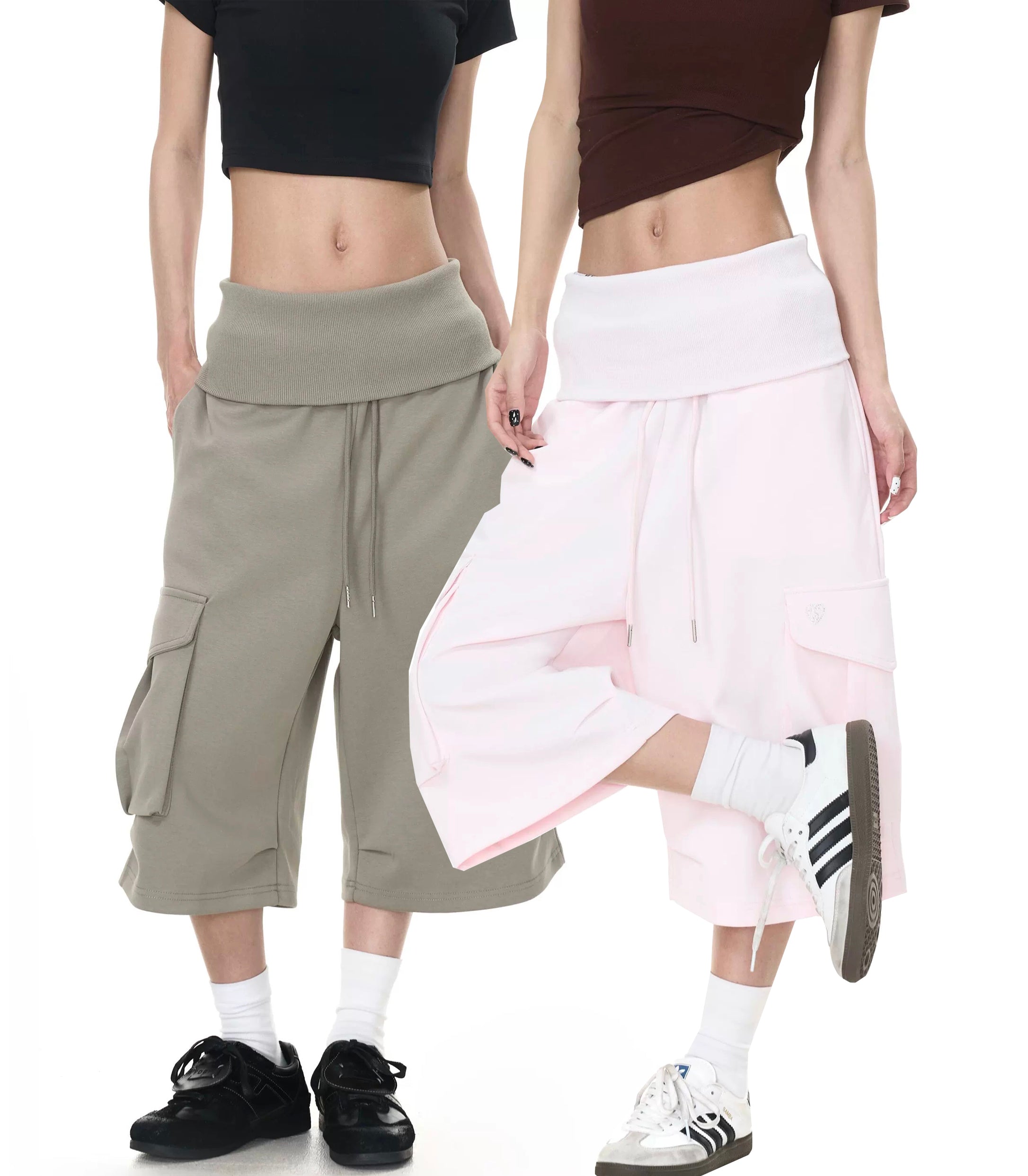 GISELLE FOLD OVER CROPPED TROUSER - PINK / SAGE GREEN