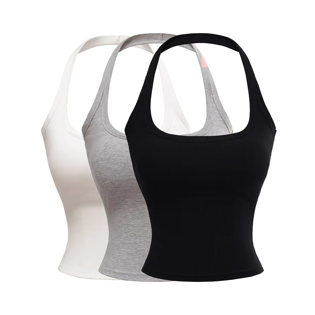 KAIA HALTER TANK TOP - WHITE / GRAY / BLACK