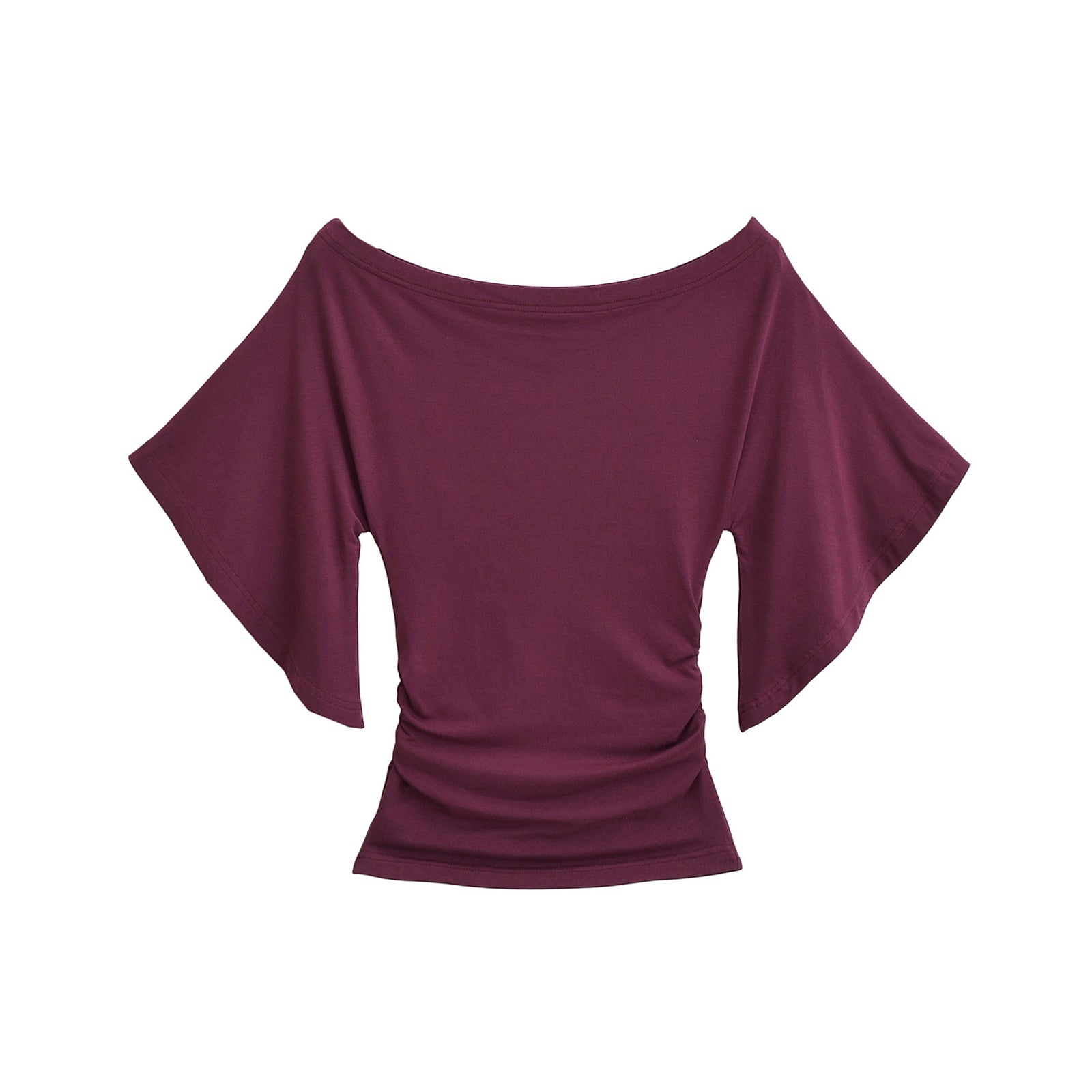 ROSE OFF SHOULDER BOAT NECK RUCHED TOP - PURPLE