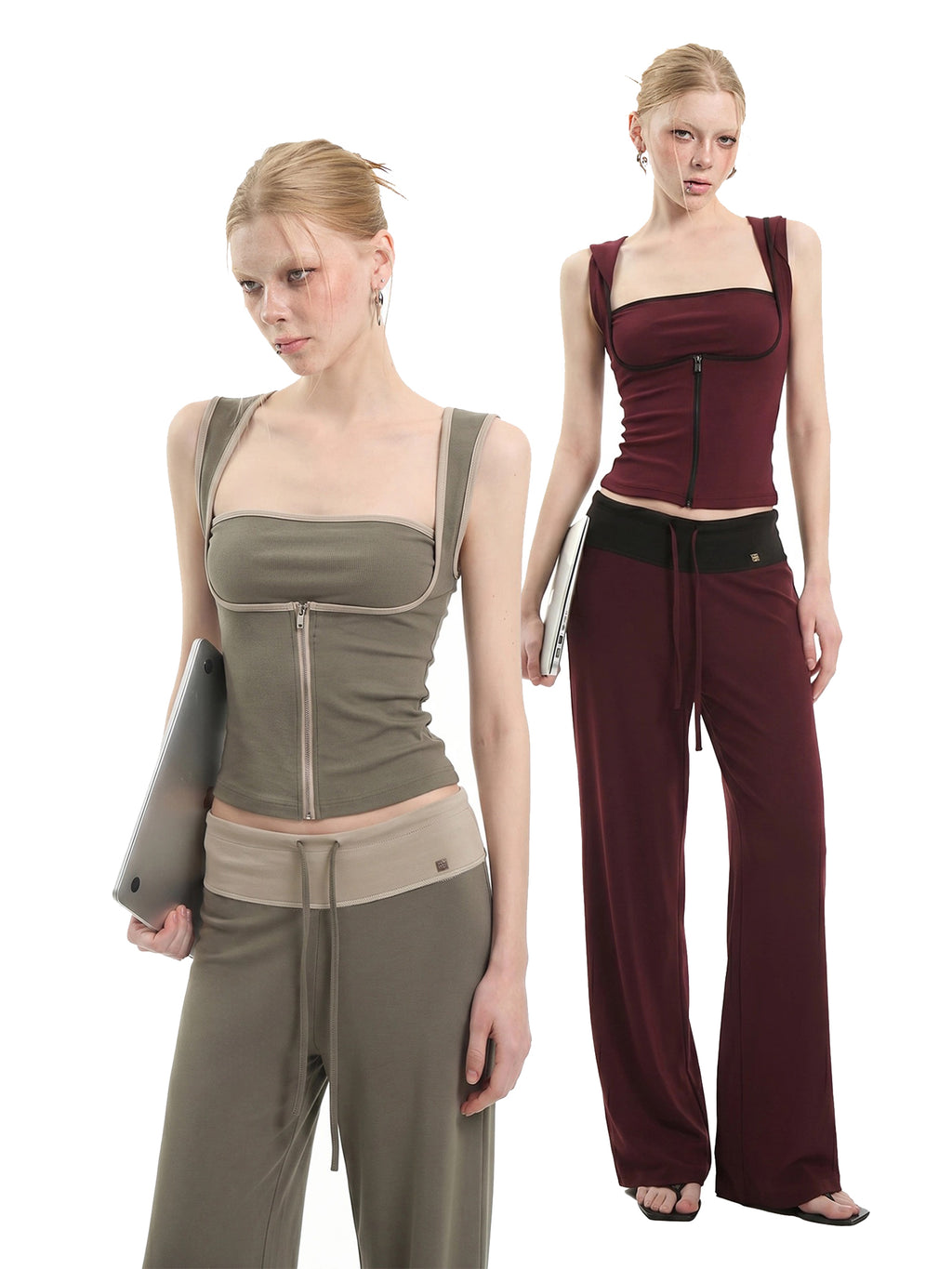 CITY GIRL WIDE LEG PANT SET - OLIVE / BURGUNDY