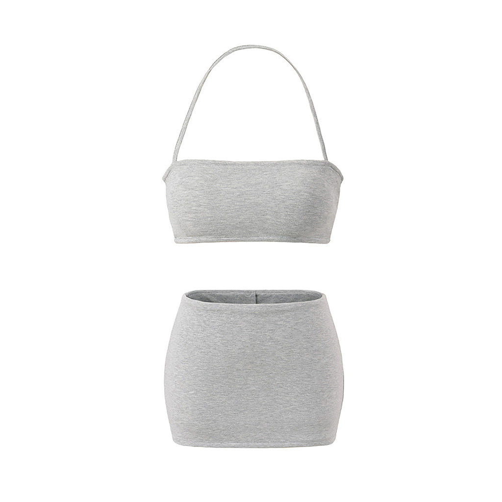 EYES ON ME STRAPLESS HALTER TOP & MINI SKORT SET - WHITE / GRAY / BLACK