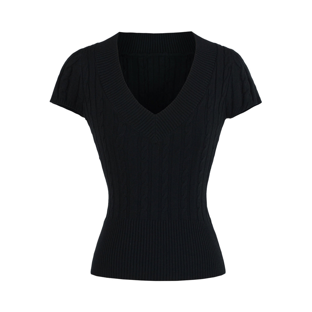 TIMELESS V NECK CABLE KNIT TOP - BLACK
