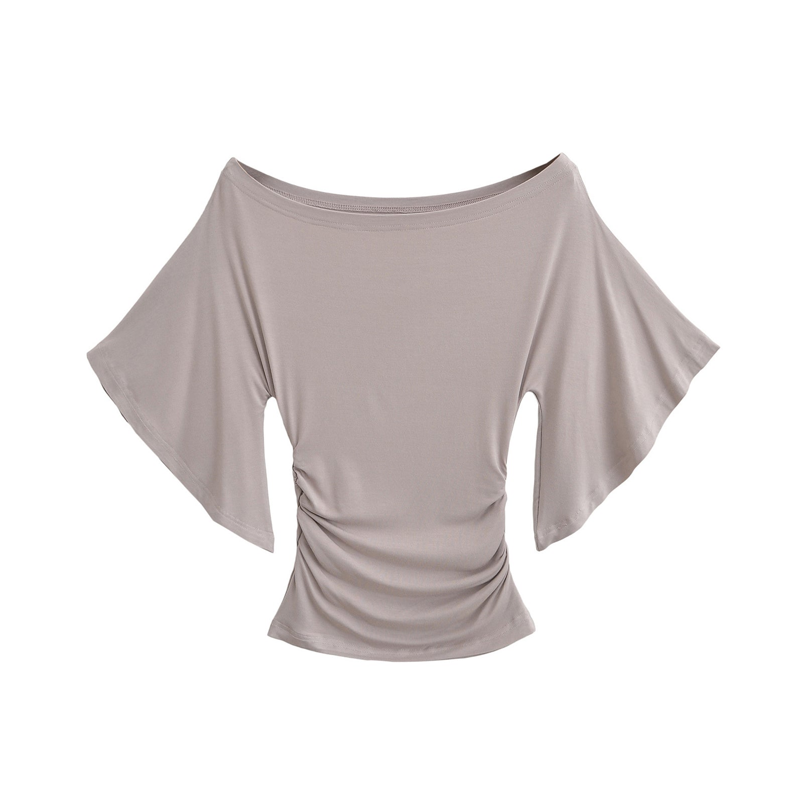 ROSE OFF SHOULDER BOAT NECK RUCHED TOP - KHAKI