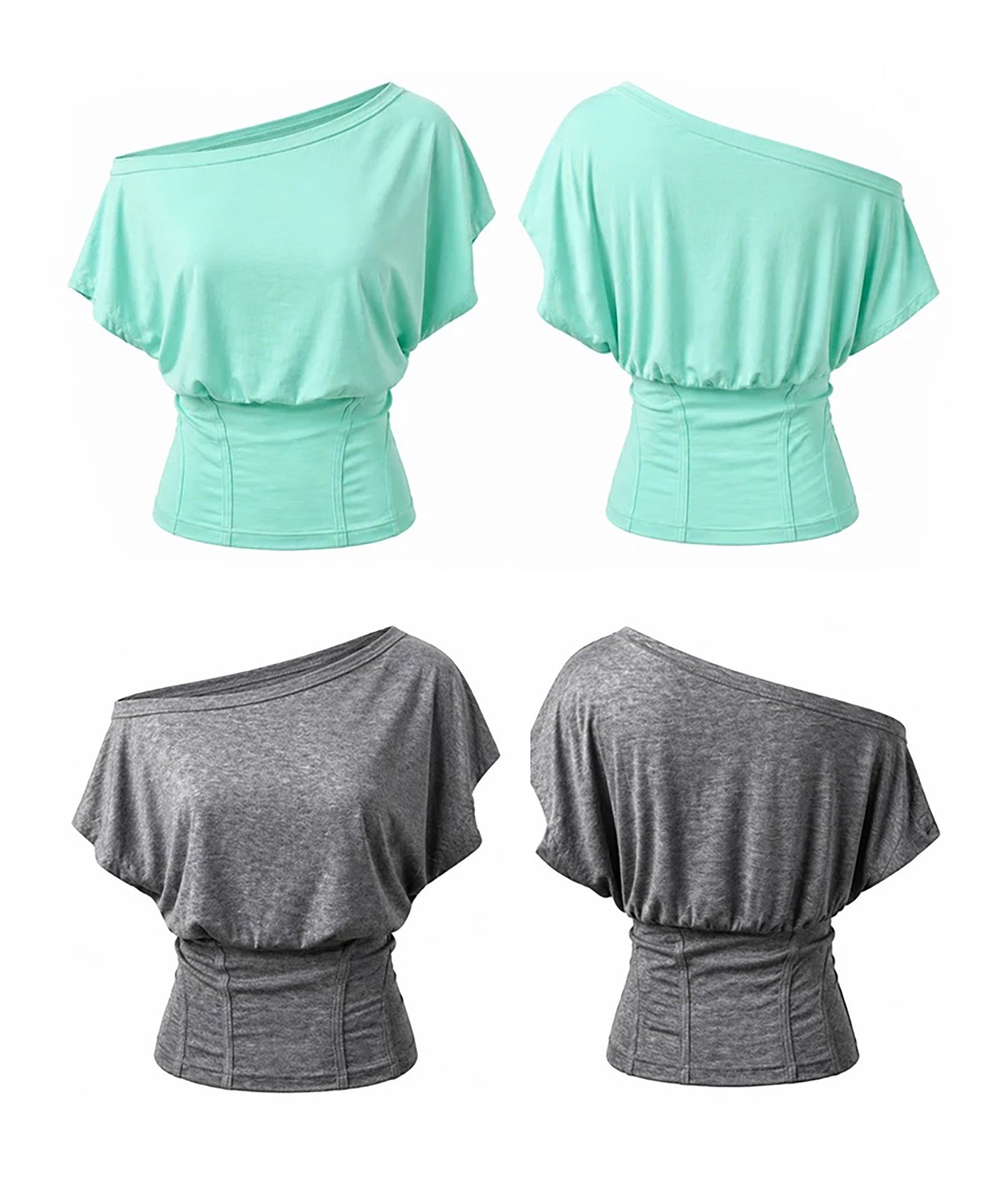 【DKZ】 HERRINGBONE OFF SHOULDER TOP - GRAY / MINT GREEN