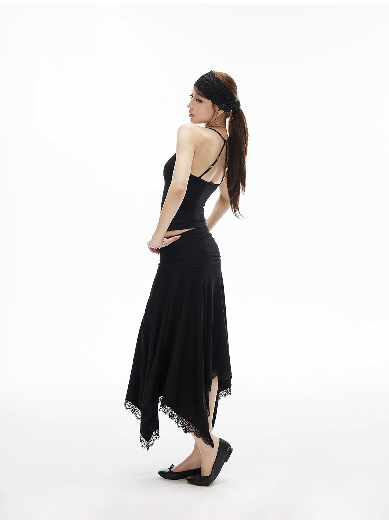 【IAMXIAA】 MODAL LOW RISE LACE TRIM MIDI SKIRT - BLACK