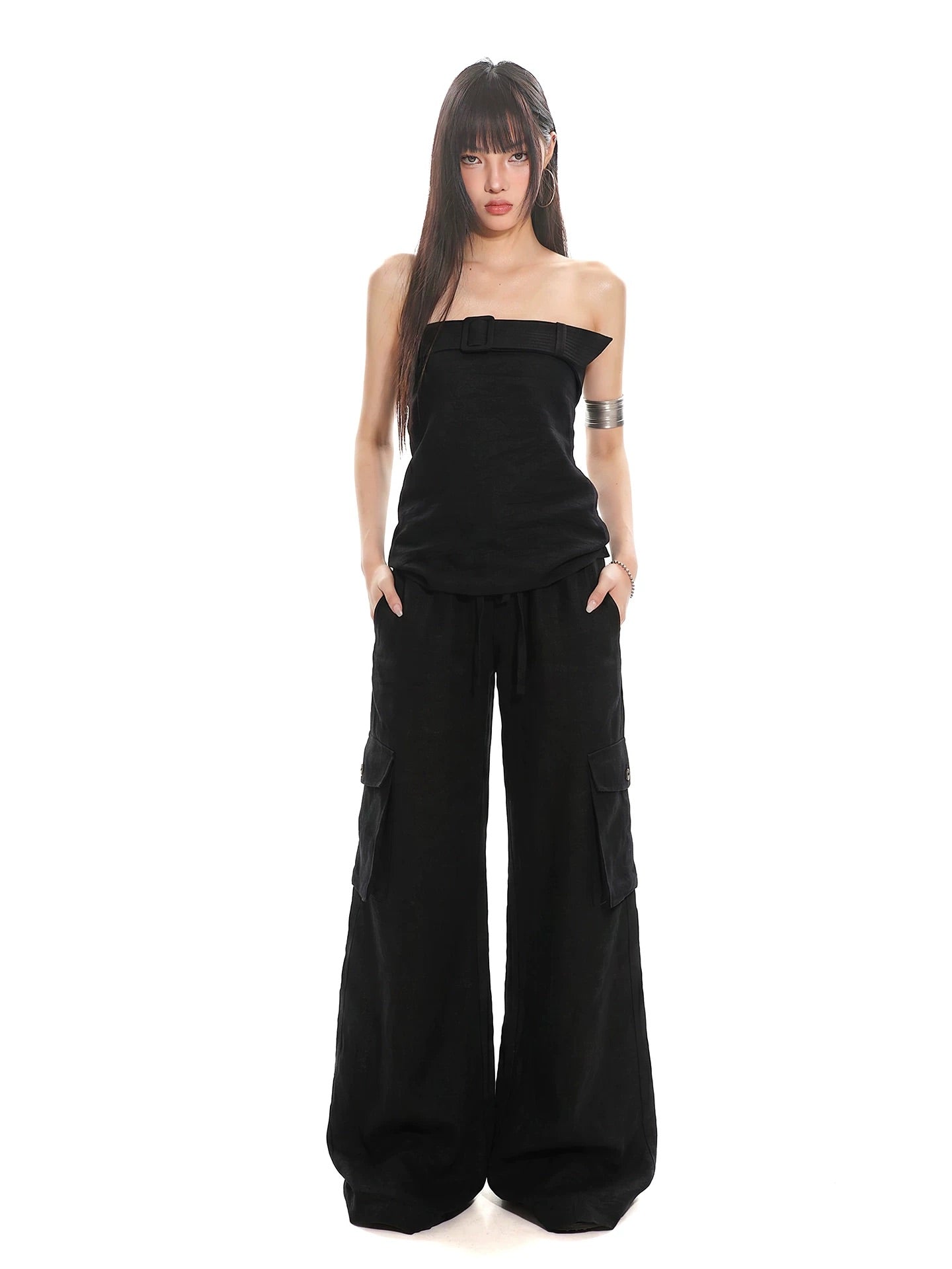COLIN BELTED STRAPLESS TUBE TOP - BLACK