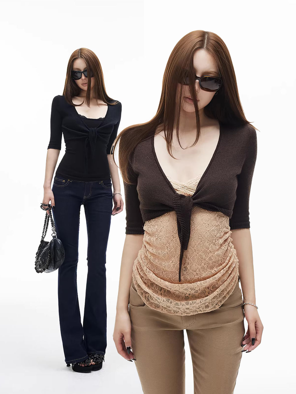 【IAMXIAA】 MERCERIZED WOOL V NECK CROPPED LAYERED CARDIGAN - DARK BROWN / BLACK