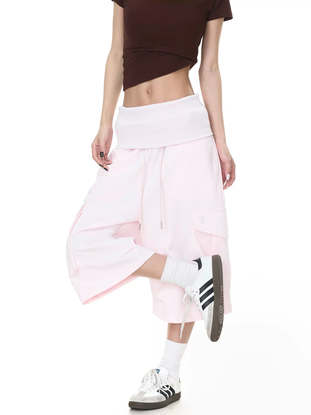 GISELLE FOLD OVER CROPPED TROUSER - PINK / SAGE GREEN
