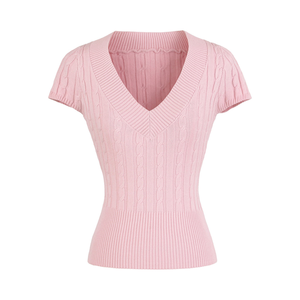 TIMELESS V NECK CABLE KNIT TOP - PINK