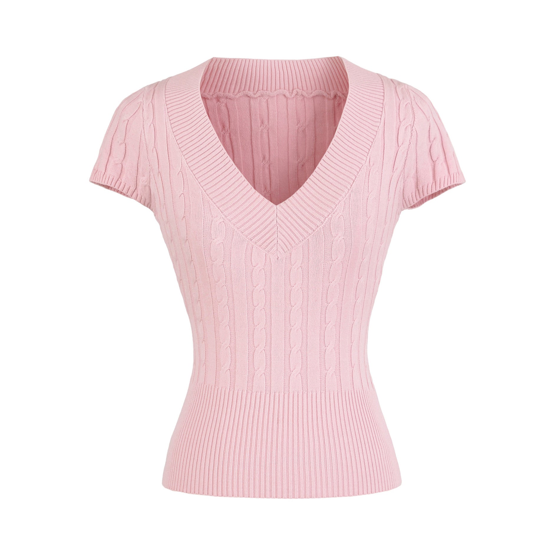 TIMELESS V NECK CABLE KNIT TOP - PINK