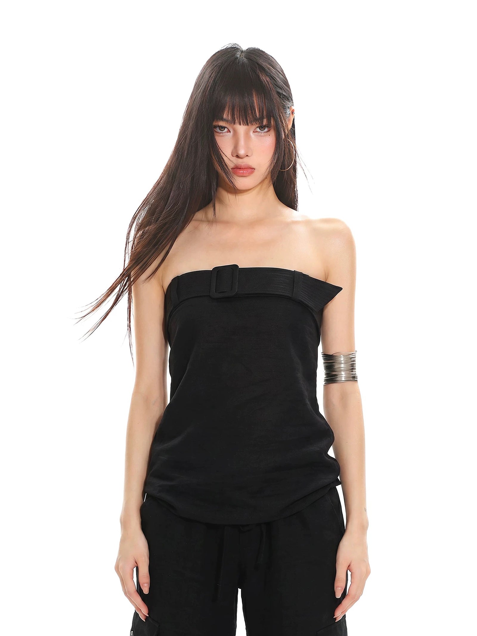 COLIN BELTED STRAPLESS TUBE TOP - BLACK