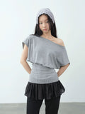 【DKZ】 HERRINGBONE OFF SHOULDER TOP - GRAY / MINT GREEN
