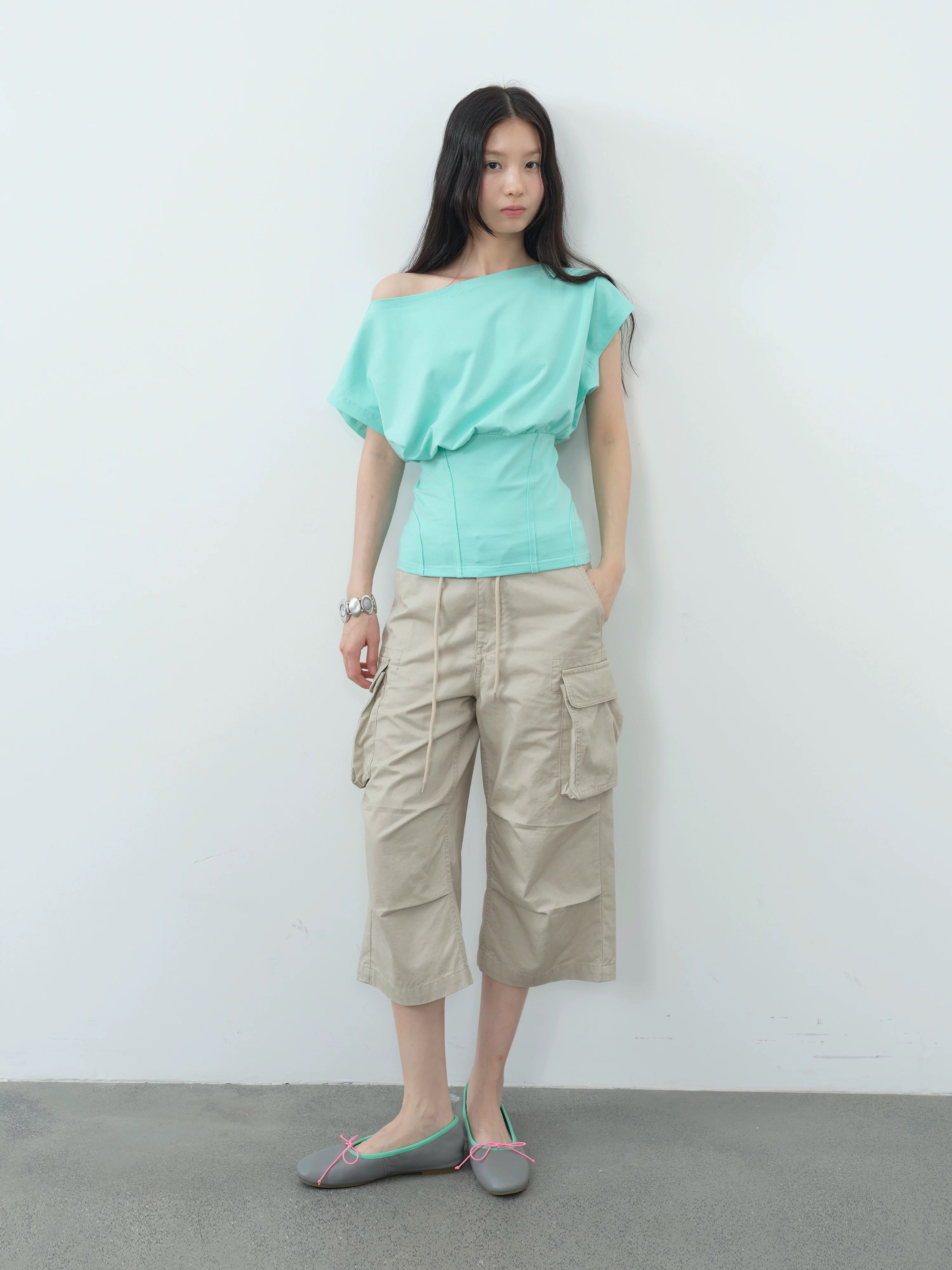 【DKZ】 HERRINGBONE OFF SHOULDER TOP - GRAY / MINT GREEN