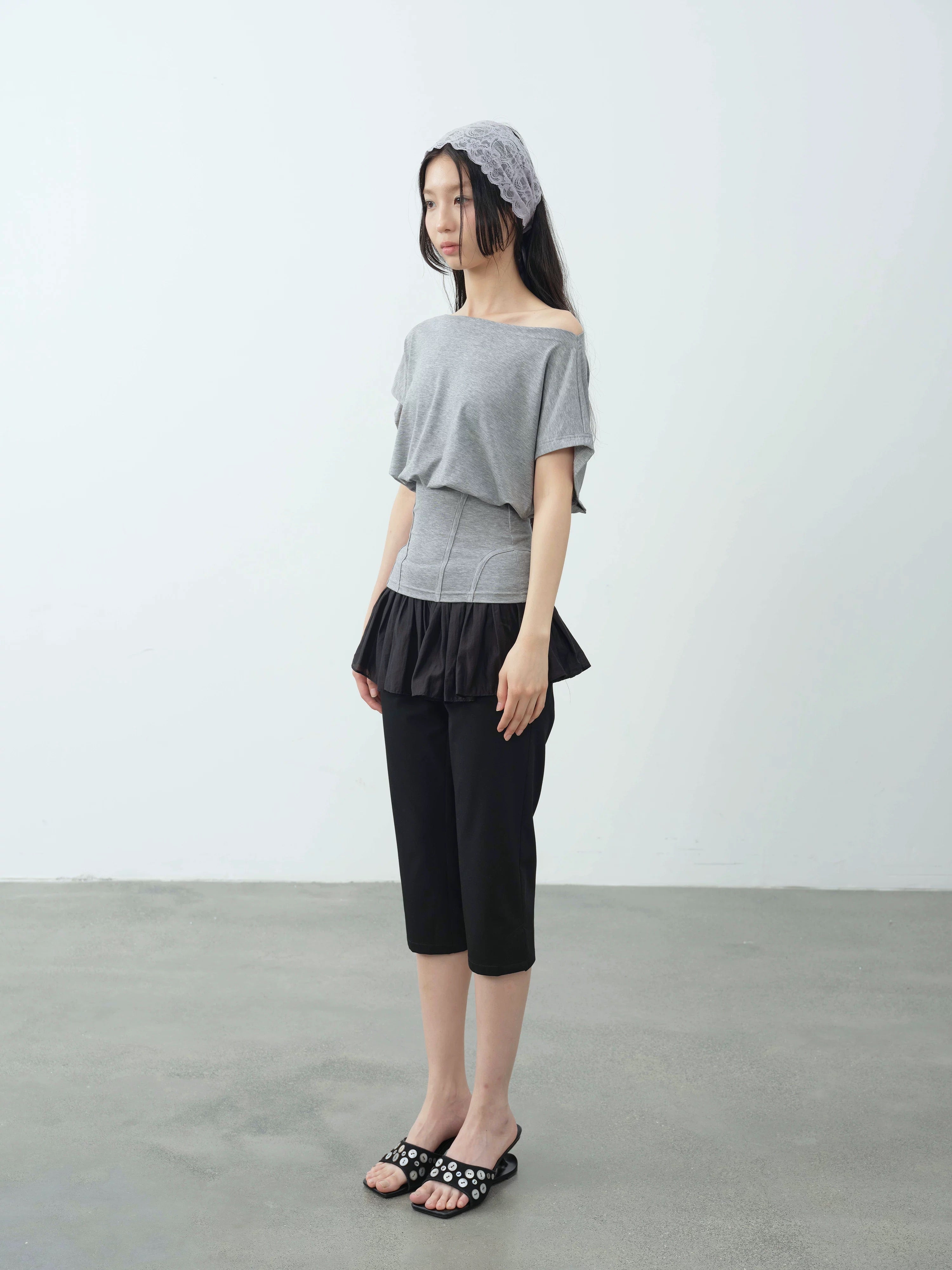 【DKZ】 HERRINGBONE OFF SHOULDER TOP - GRAY / MINT GREEN