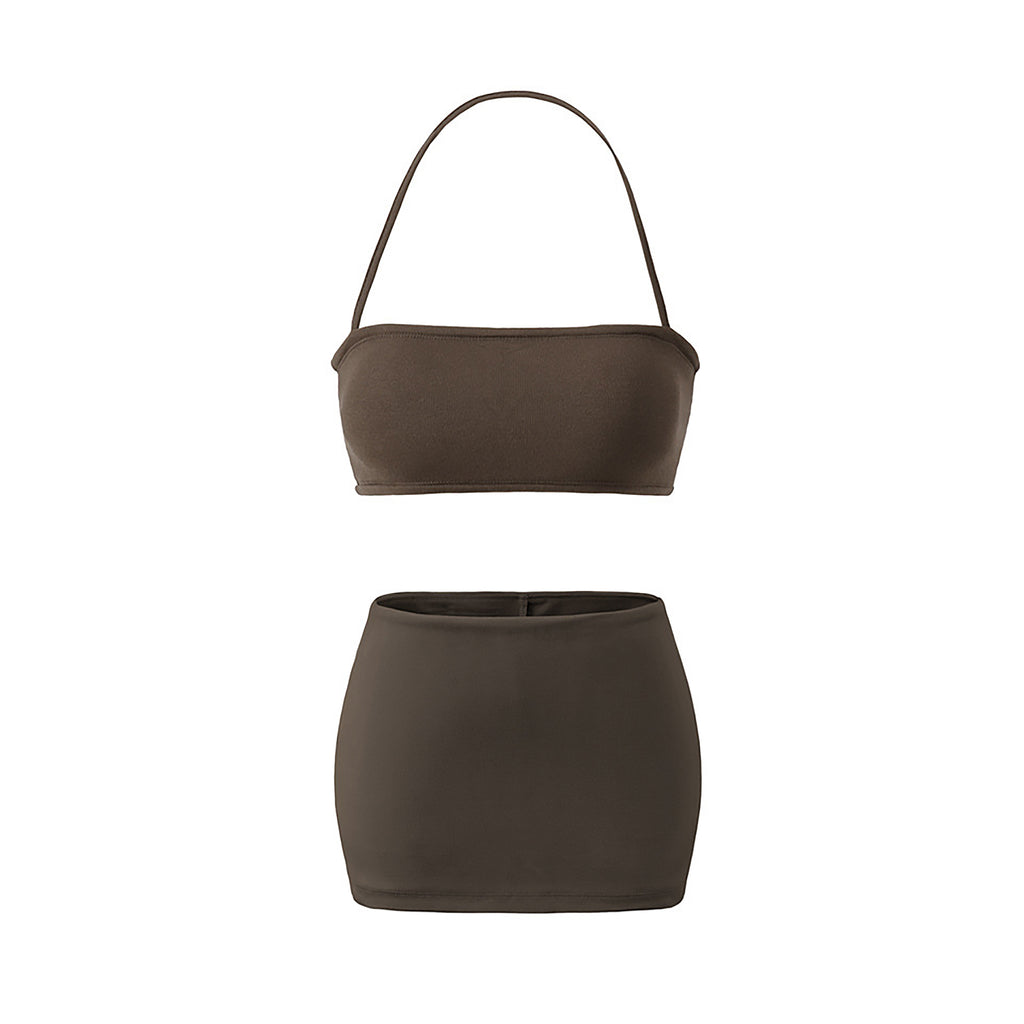 EYES ON ME STRAPLESS HALTER TOP & MINI SKORT SET - DARK BROWN