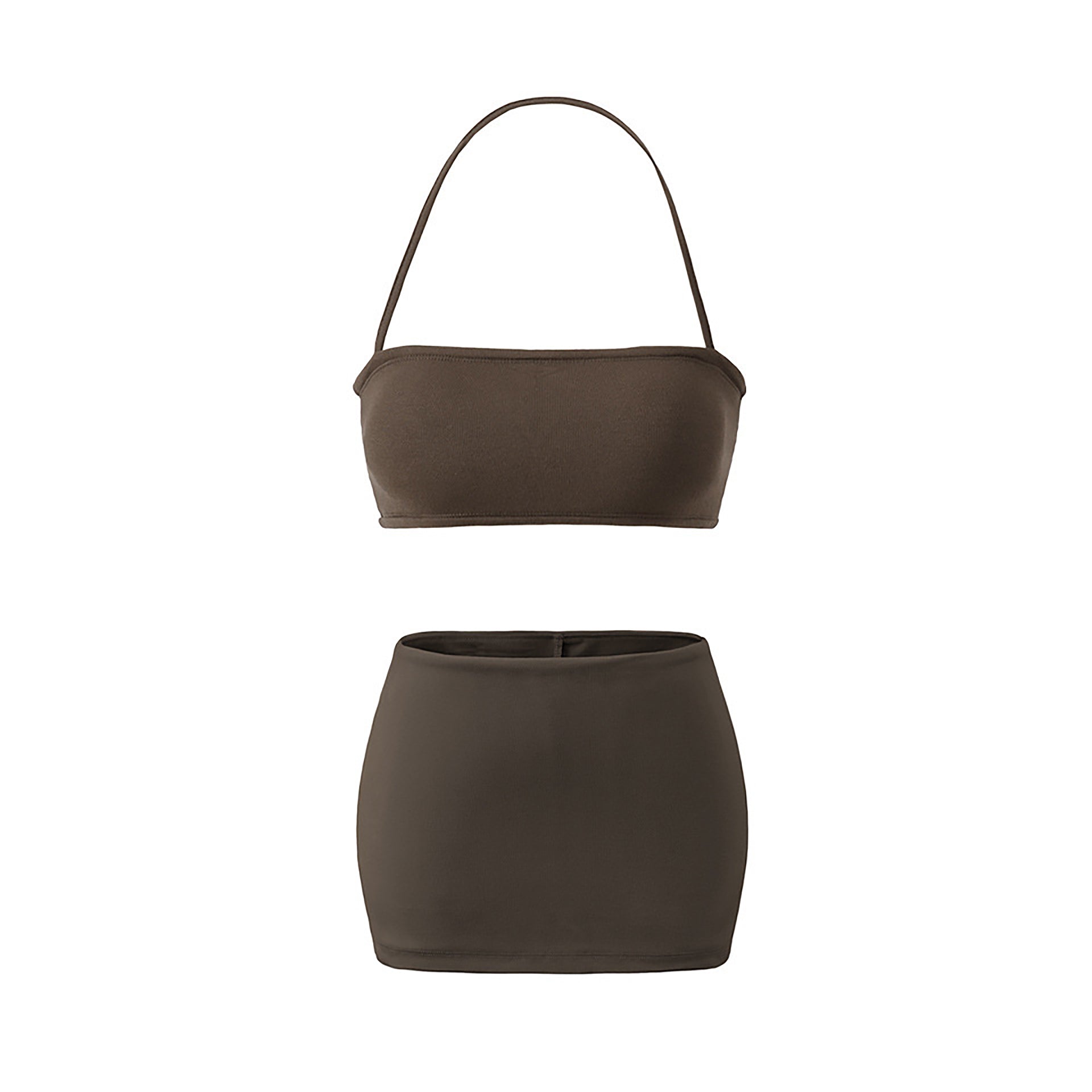 EYES ON ME STRAPLESS HALTER TOP & MINI SKORT SET - DARK BROWN