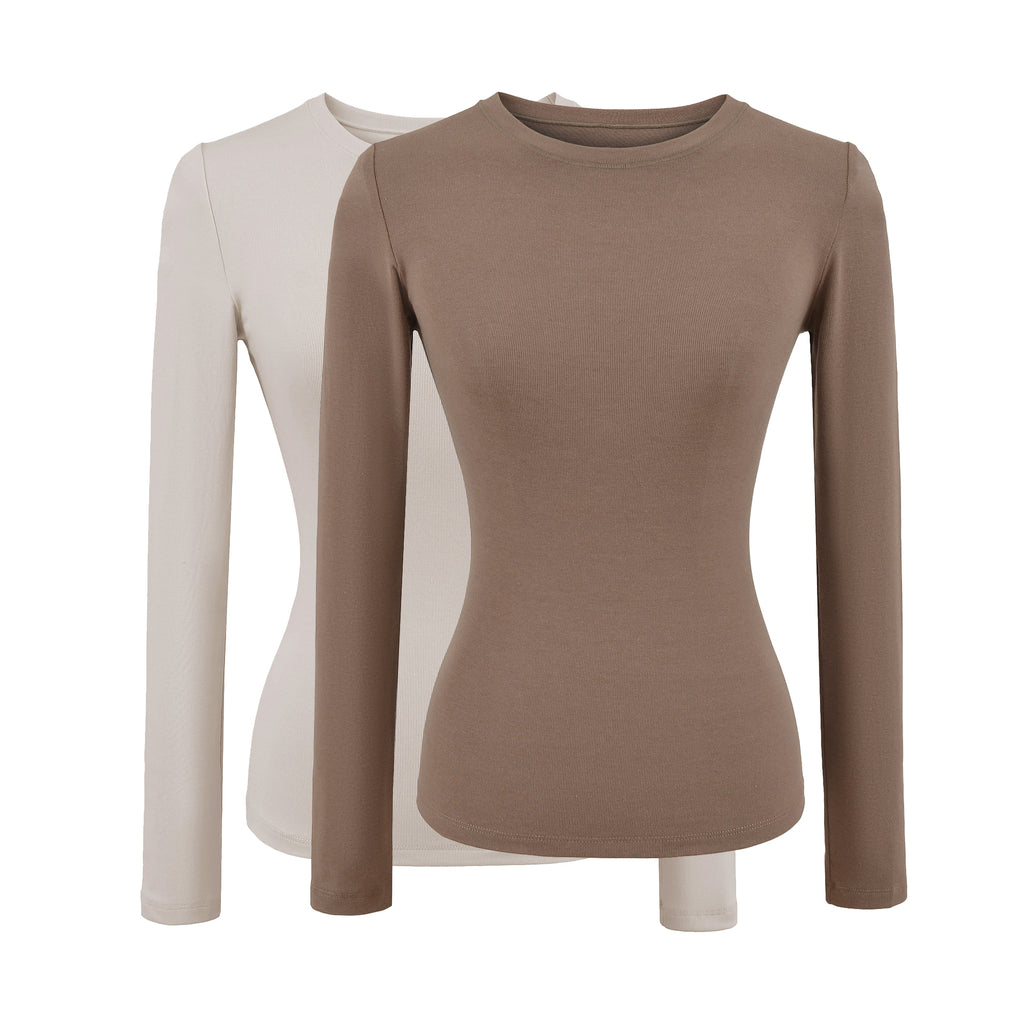 ALYSSA BASIC LONG SLEEVE TOP - STONE / MOCHA BROWN
